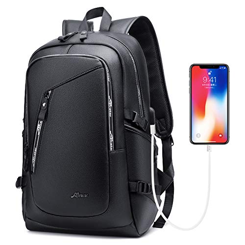 DYJ Vegan Leather Laptop Backpack for Women&Men, PU Vintage Travel Daypacks with USB Charging Port 17 Inch Laptop - color: Black-new