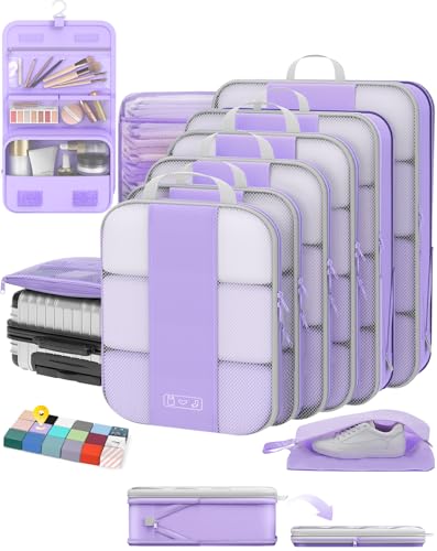 OlarHike 10-Pack Compression Packing Cubes for Travel Essentials,Compressible Expandable Packing Cubes for Suitcase,Luggage Garment Bags for Travel,Handy Helper for Organizing Clothes(Light Purple) - color: Light Purple