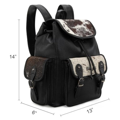 Montana West Wrangler Backpack Purse for Women Hair-on Cowhide Backpacks Western Travel Bags - color: Cowhide Black