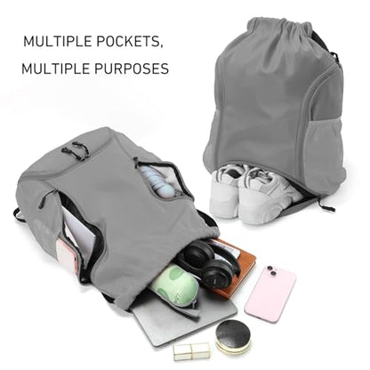 Valleycomfy Sports Gym Bag Drawstring Backpack with Shoes Basketball Bag and Two Water Bottle Holder,Grey - color: Grey