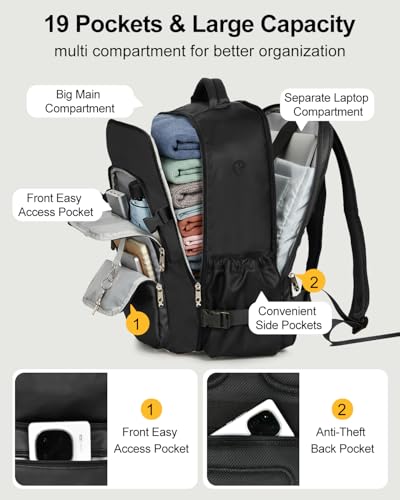 Travel Backpack for Women & Men, Carry On Personal Item Bag Flight Approved, Large Waterproof Laptop Backpack for Travel, Overnight, College & Commuting Black - color: Black