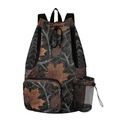 Drawstring Gym Sackpack With Pockets Drawstring Backpacks with Wet Dry Compartments Camouflage Maple Leaf Rain Brown Black