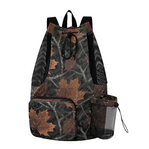 Drawstring Gym Sackpack With Pockets Drawstring Backpacks with Wet Dry Compartments Camouflage Maple Leaf Rain Brown Black