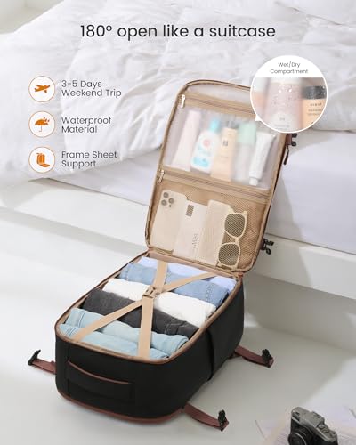 LOVEVOOK 50L Travel Backpack for Women, Airline Approved Carry On Backpack with 2 Packing Cubes, Waterproof Personal Item Bag Fits 17" Laptop, TSA Traveling Essentials Weekender Overnight Backpack - color: White & Brown & Black, size: 50L-3PCS