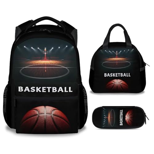 Mercuryelf Basketball Backpack with Lunch Box And Pencil Case, Elementary Kindergarten School Preschool Bookbag for Boys Girls Kids, Set of 3 - color: Basketball-2-2