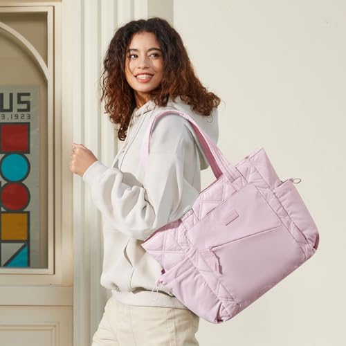 LOVEVOOK Tote Bag for Women, puffer tote bag for Work Travel Nurse, Lightweight quilted Bags with Compartments - color: M-15.6 Inch-pink