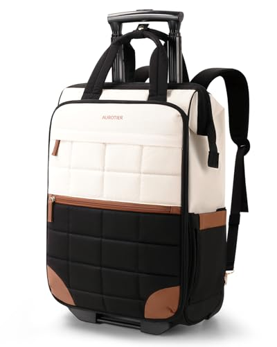 Rolling Puffer Backpack for Women, Travel Backpack with Wheels, 16 Inch Wheeled Laptop Backpck, Dual-Opening Design Overnight College Underseat Carry on Luggage, Roller Business Work Bag, Beige Brown - color: Square Quilt Beige Brown