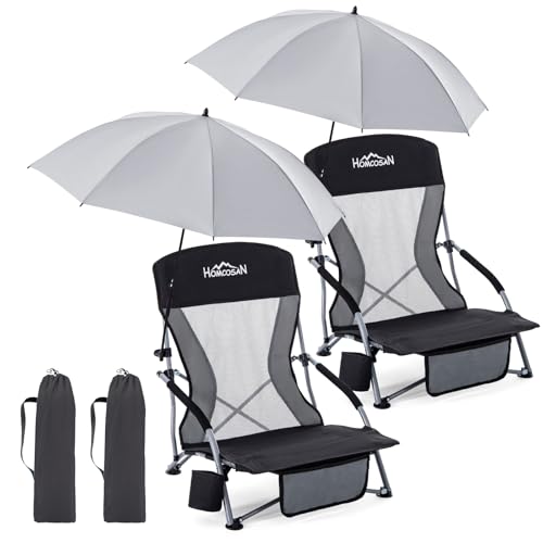Homcosan Portable Low Folding Beach Chairs Set of 2 with Detachable Umbrellas - Lightweight Camping Chairs for Adults with Cup Holder & Storage Pockets, Carry Bag Included (Black & Gray) - color: Black & Gray, size: 2 Packs, style: chair with umbrella