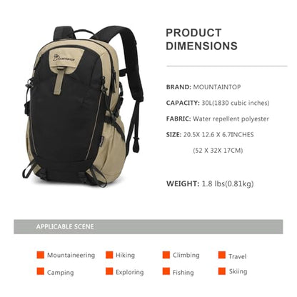 MOUNTAINTOP 30L Hiking Backpack,Men Women Camping Backpack,Lightweight Trekking Travel Backpacks for Climbing Skiing Cycling - color: Black&khaki-30l, size: 30L