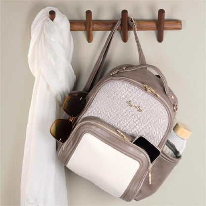 Itzy Ritzy Mini Diaper Bag Backpack – Chic, Compact Mini Plus Backpack with Changing Pad, 10 Pockets (6 Internal, 4 External), Grab-Top Handle & Rubber Feet (Vanilla Latte) - color: Vanilla Latte - Plus