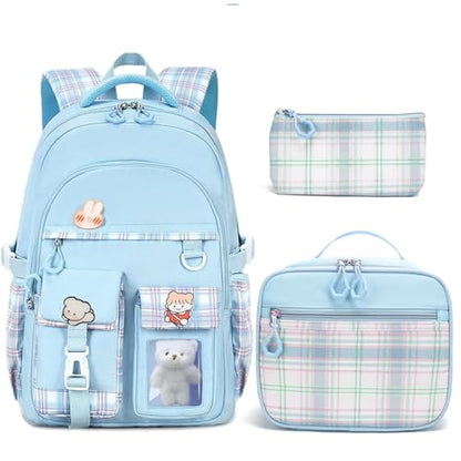 Girls Backpack with Lunch Box Cute School Backpack for Girls Kids Teens Kawaii Bookbag Set for Primary Elementary，Blue - color: Blue