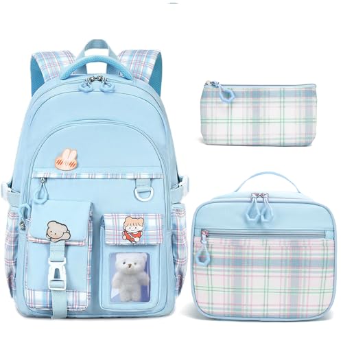 Girls Backpack with Lunch Box Cute School Backpack for Girls Kids Teens Kawaii Bookbag Set for Primary Elementary，Blue - color: Blue
