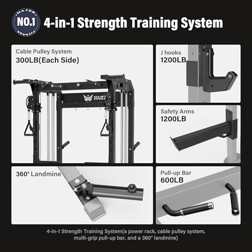 MAJOR FITNESS F22 Power Rack, 1600lbs All-in-One Squat Rack with Dual Pulley System, Heavy-Duty Steel Frame, Attachments & Storage for Home Gym Strength Training - color: Black, style: F22 (Rack Only)