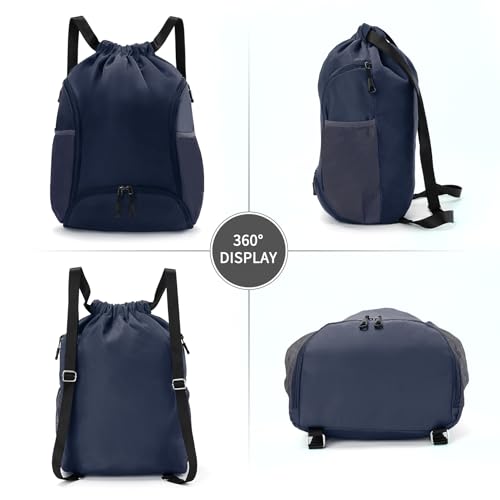 Valleycomfy Sports Gym Bag Drawstring Backpack with Shoes Basketball Bag and Two Water Bottle Holder,Dark Blue - color: Dark Blue