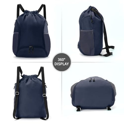 Valleycomfy Sports Gym Bag Drawstring Backpack with Shoes Basketball Bag and Two Water Bottle Holder,Dark Blue - color: Dark Blue