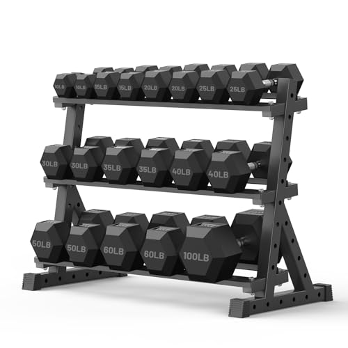 PAPABABE Hex Dumbbell Set with Rack, Rubber Encased Free Weight with Weight Storage Racks, Multiple Weight Options for Home Gym and Fitness - style: 670LB with 3-Tier Weight Rack