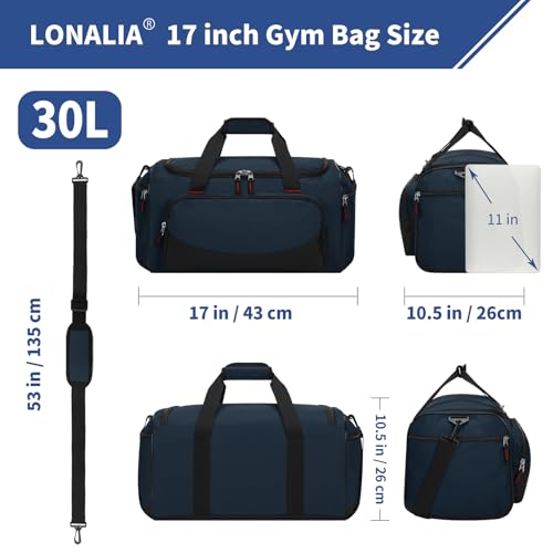 30L Gym Sport Duffle Bag - 17 inch Carry on Weekender Overnight Bag for Travel, Workout, Fitness (Navy Blue-30L) - color: Navy Blue