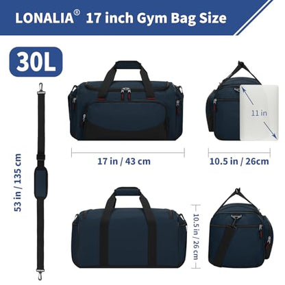 30L Gym Sport Duffle Bag - 17 inch Carry on Weekender Overnight Bag for Travel, Workout, Fitness (Navy Blue-30L) - color: Navy Blue