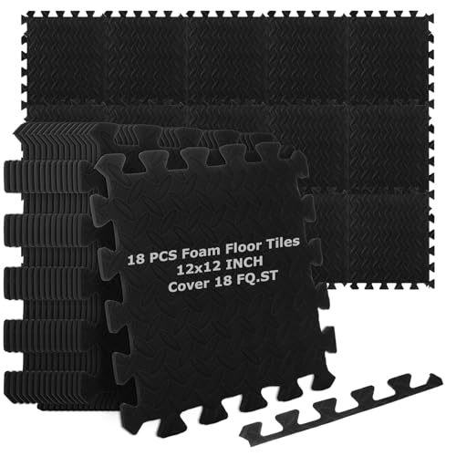 18 PCS 12" x 12" x 0.4" Gym Mats for Home Gym Black Removable Foam Floor Tiles Eva Gym Flooring for Home Cover 18 Sq.Ft Exercise Mats for Workout Interlocking Foam Tiles