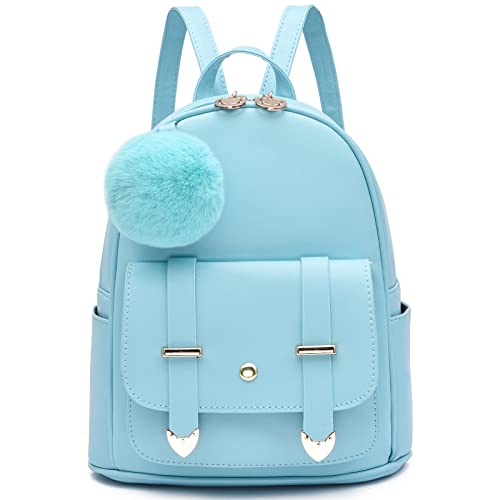 I IHAYNER Girls Fashion Backpack Mini Backpack Purse for Women Teenage Girls Purses PU Leather Pompom Backpack Shoulder Bag - color: Light Blue