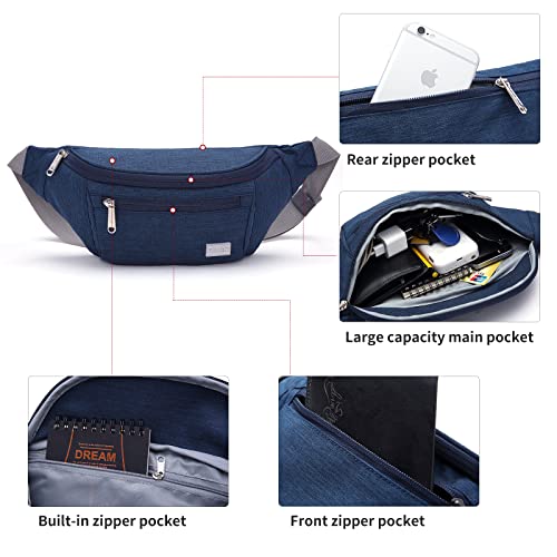 TINYAT Large Fanny Pack Travel Waist Bag Lightweight for Men&Women with Adjustable Strap T206 Blue - color: Blue