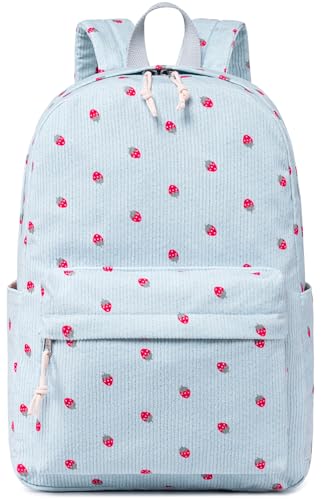 Bluboon School Backpack for Teen Girls Bookbags Elementary High School Corduroy Laptop Bags Women Travel Daypacks - color: Corduroy Blue Strawberry