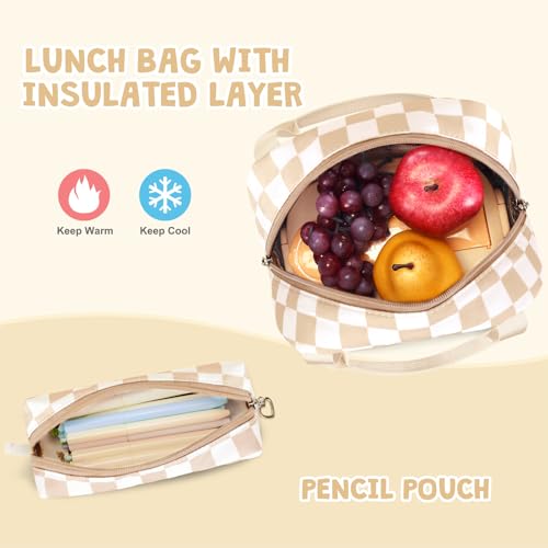 ACESAK Backpack for Girls - Girls Backpack with Lunch Bag & Pencil Pouch for Teen Kids Laptop Backpack for Women, Elementary Middle High School Bookbag Travel Daypack (Brown Checkered) - color: Brown Checkered