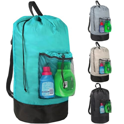 Turquoise Laundry Backpack with Mesh Pocket, Adjustable Straps and Drawstring Closure - Large Portable Hamper for College, Apartment and Laundromat - color: Turquoise