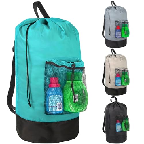 Turquoise Laundry Backpack with Mesh Pocket, Adjustable Straps and Drawstring Closure - Large Portable Hamper for College, Apartment and Laundromat - color: Turquoise