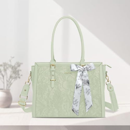MOSISO Laptop Bag for Women, 17-17.3 inch PU Leather Tote Bag Compatible with MacBook, HP, Dell, Asus Notebook, Front Embossed Retro Hibiscus Computer Bags with Silk Scarf&Clutch Purse, Sage Green - color: Sage Green, size: 17.3 inch