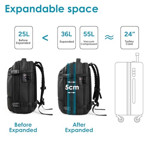 travel inspira Backpack for Travel, 60L Expandable Vacuum Backpack with Electric Vacuum Pump, Water-Resistant & TSA Anti-Theft for Airplane Vacuum Seal Compression Air-Seal Bag for Travel - color: Black