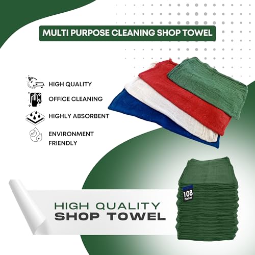 Cotton Shop Towels Cleaning Rags 108 Pack, 12x14 Inch 100% Cotton Bulk - Dye-Free Lint-Free Shop Rags Cleaning Cloths for Bar, Car, Garage, Automotive and Kitchen - Green - color: Green - 108 Pack