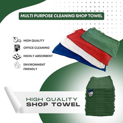 Cotton Shop Towels Cleaning Rags 108 Pack, 12x14 Inch 100% Cotton Bulk - Dye-Free Lint-Free Shop Rags Cleaning Cloths for Bar, Car, Garage, Automotive and Kitchen - Green - color: Green - 108 Pack