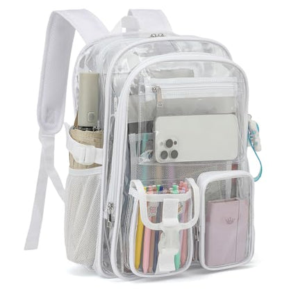 Clear Backpack Heavy Duty Transparent Backpacks Stadium Approved for School Work Sport Travel (White) - color: White