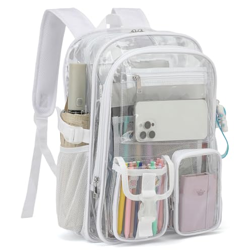 Clear Backpack Heavy Duty Transparent Backpacks Stadium Approved for School Work Sport Travel (White) - color: White