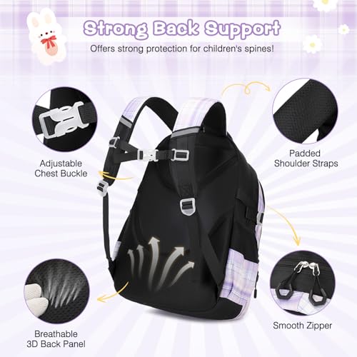 FIXITOK 3PCS School Backpack for Girls, Girls Backpack with Lunch Box, Pencil Case, Cute Kawaii Plaid Book Bag for Teen Girl Kindergarten Elementary Preschool Middle High School, Black Purple - color: Black Purple
