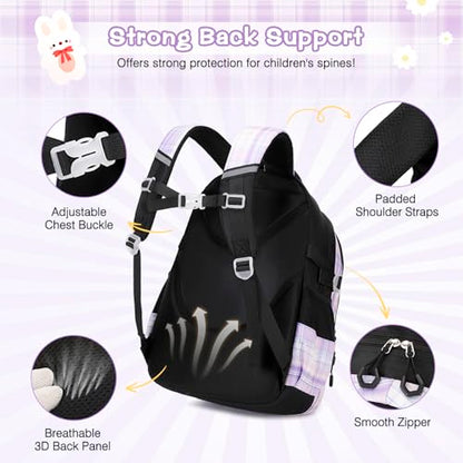 FIXITOK 3PCS School Backpack for Girls, Girls Backpack with Lunch Box, Pencil Case, Cute Kawaii Plaid Book Bag for Teen Girl Kindergarten Elementary Preschool Middle High School, Black Purple - color: Black Purple