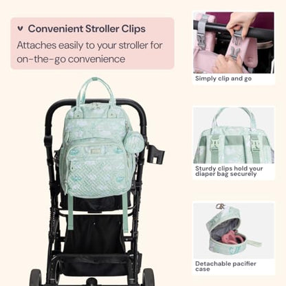 BabbleRoo Diaper Bag Backpack - Baby Essentials Travel Tote - Multi Function Water Resistant Diaper Bag, Travel Essentials Baby Bag with Changing Pad, Stroller Straps & Pacifier Case - Green Birdy - color: Green Birdy, size: Large
