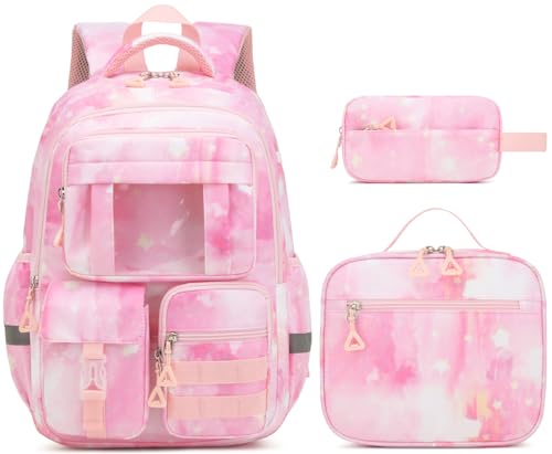 Kids Backpack for Girls - 3PCS School Bag for Elementary Middle School, Cute Lightweight Bookbag with Laptop Compartment & Multiple Pockets, Pink Star - color: Pink Star