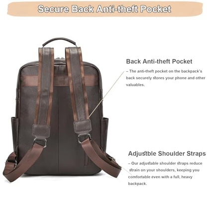 Genuine Leather 15.6 Inch Laptop Backpack for Men & Women, Business Commute Bag Daypack with Multi-Pockets for Travel Outdoor, Coffee Brown - color: Y80-17y-coffee