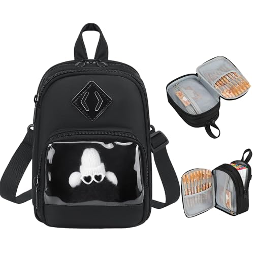Large Capacity Kids Backpack Pencil Case Pen Bag with Clear Pocket, Cute Kawaii Pen Pouch Organizer with Adjustable Strap & Plush Doll Keychain for School Girls Boys (Black) - color: Black