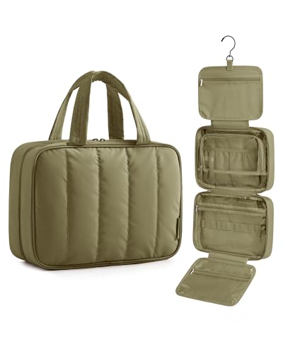 BAGSMART Travel Toiletry Bag for women, Portable Hanging Hook Makeup Bag Organizer, Waterproof Makeup Cosmetic Bag, for Full-Size Accessories, Toiletries,Olive green - color: Olive green