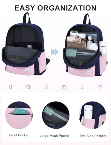 VASCHY Lightweight Backpack for School, Water Resistant Classic Bookbag with Side Pockets for Girls Kids,Teens Blue Pink - color: Midnight Blue & Pink