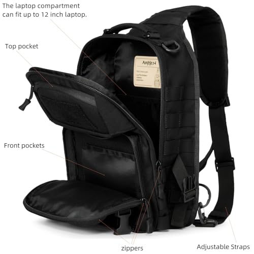 AMHEH 15L 1050D Urban Tactical Sling Bag for Men 12 Inch Laptop, Black | MOLLE Crossbody One Strap Shoulder Backpack, Everyday Carry, Commuting, Walking, Cycling, Motorcycle Riding, Day Trip, Travel - color: Black