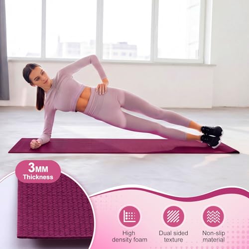 3 mm Thick Yoga Mat Bulk, Non Slip Exercise Workout Fitness Pad for Women Men, Gym Home Yoga Pilates, Easy to Clean, Sturdy PVC - color: Boysenberry