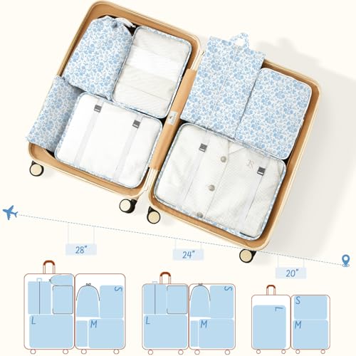9 Set Packing Cubes for Travel Essentials - Lightweight Carry-On Luggage Organizer Bags with Shoe, Clothes & Laundry Bags for Airplane, Family & Business Travel, Blue flowers - color: Blue flowers