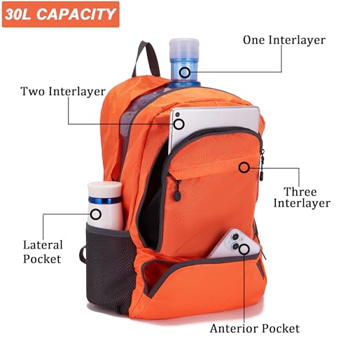 YZAOLL 30L Hiking Backpack Lightweight Day Packs, Packable Backpack for Women Men Travel Camping Vacation,Orange - color: E-lorange