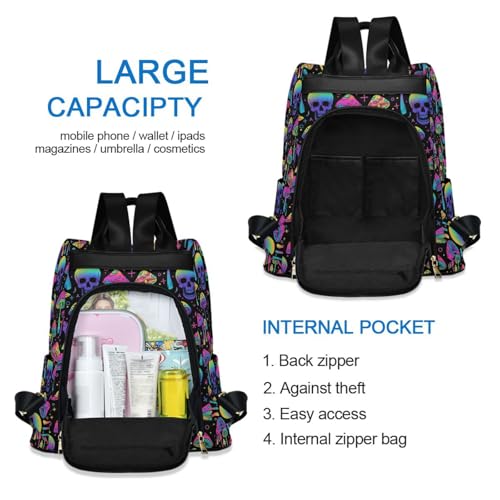MNSRUU Women Backpack Purse Magic Skull Mushroom Purple Backpack for Women Anti-theft Shoulder Bag Carry On Backpack Lightweight Rucksack Fashion Travel Ladies Bags - color: Goth 02