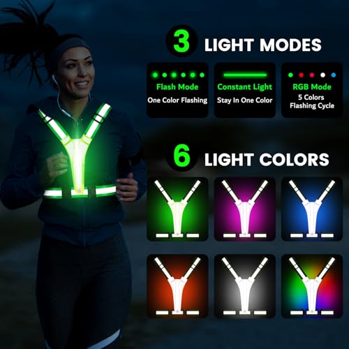 Fokia Kunbio LED Reflective Running Vest Gear,Light Up Vest Runners Night Walking USB Rechargeable,Up to 11hrs Light with Adjustable Waist/Shoulder for Women Men Kids - color: Colorful lights