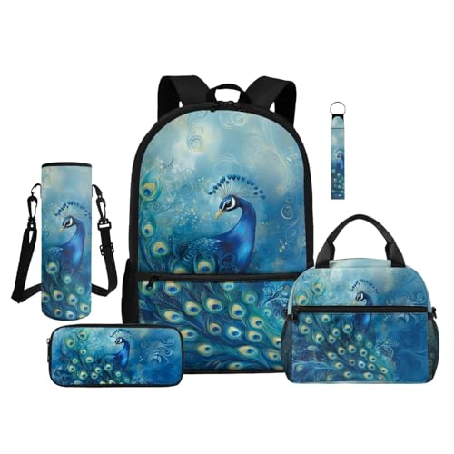 ZDCUSTOM Girls Backpack with Lunch Box, Peacock School Bookbag for 2nd 3rd Grade Girls, Cute School Backpack with Pencil Case & Water Bottle Cover & Keychain, Blue Schoolbags Sets 5PCS - color: Peacock
